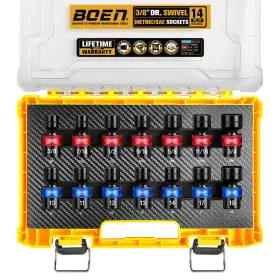 Boen Bs38-usm14 14 Pcs 3/8 Inch Drive Impact Swivel Socket Set Metric 10-19mm And Sae - 3/4 Boen Bs38-usm14 14 Pcs 3/8 Inch Drive Impact Swivel Socket Set Metric 10-19mm And Sae - 3/4