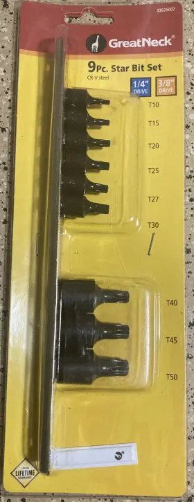 Great Neck 33625007 New 9 Pc Star Bit Set Torx Sockets 1/4 And 3/8 From T10 To T50