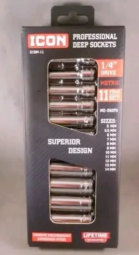 Icon 58102 1/4 Inch Drive Metric 11 Piece Chrome Professional Deep Socket Set S1dm-11 New