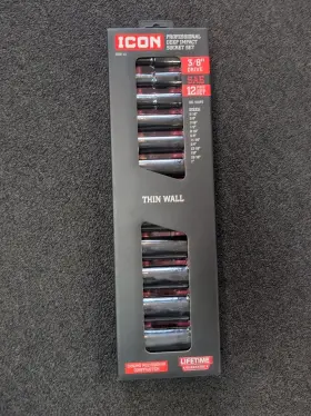 Icon I2ss-12 3/8 Inch Drive 12 Pc Sae Professional Impact Socket Set Thin Wall New