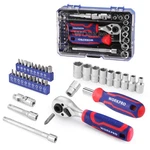 Workpro 34 Pcs 1/4" Drive Mini Socket Ratchet Wrench Set, Blue, Red, Silver. Fixed Price $27.99.