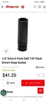 1/2 Drive 6- Point Sae 7/8 Flank Deep Socket. Fixed Price $32.95.