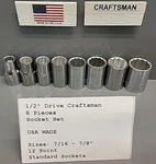 Craftsman Socket Set Std 8 Piece 12 Pt. 1/2" Drive Usa Nos. Fixed Price $32.95.