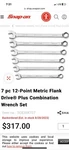 Snap-on 7pc 12-point Metric Wrench Set. Fixed Price $125.00.
