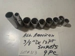 All American Vintage 3/8" Drive 12 Point Standard Sockets - Lot Of 9. Fixed Price $25.00.